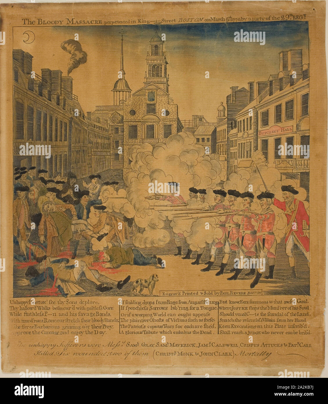 The Boston Massacre, 1770, Paul Revere, II, American, 1735-1818, United States, Wood engraving, with hand coloring, on tan laid paper, 202 x 219 mm (image), 262 x 230 mm (block), 276 x 240 mm (sheet Stock Photo