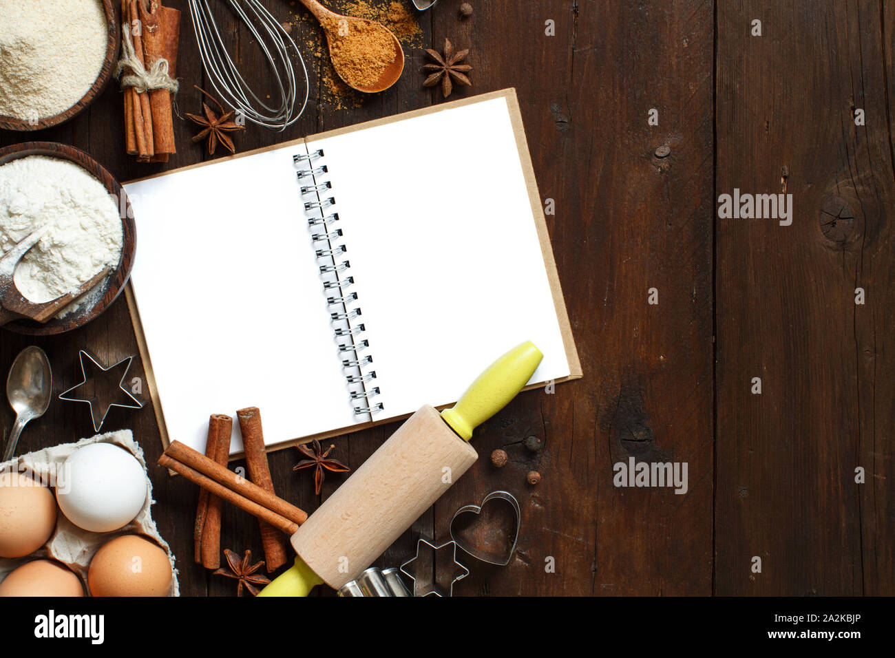 Blank cooking book, ingredients and utensils top view Stock Photo - Alamy