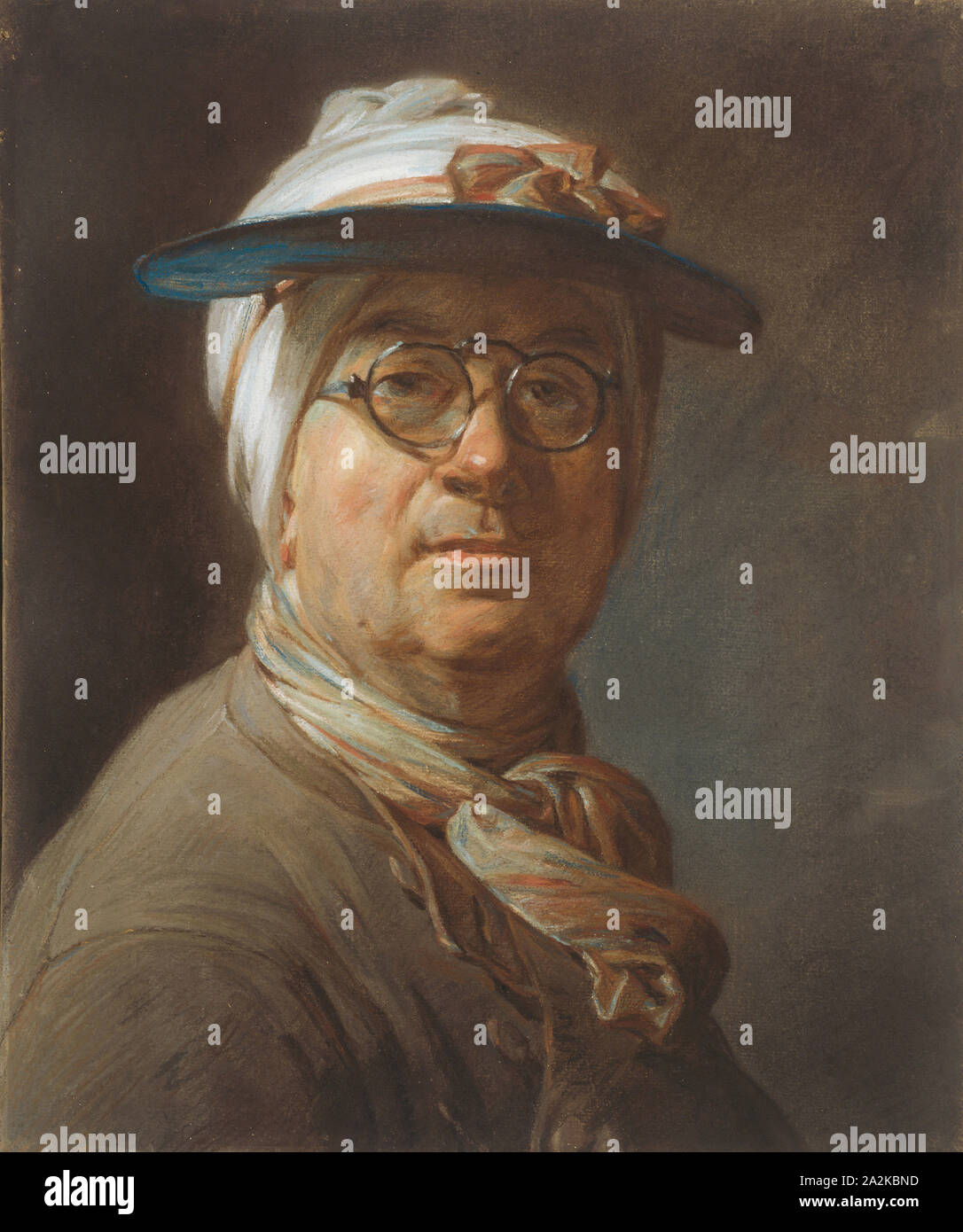 Self-Portrait with a Visor, c. 1776, Jean-Siméon Chardin, French, 1699-1779, France, Pastel on blue laid paper, mounted on canvas, 457 × 374 mm Stock Photo
