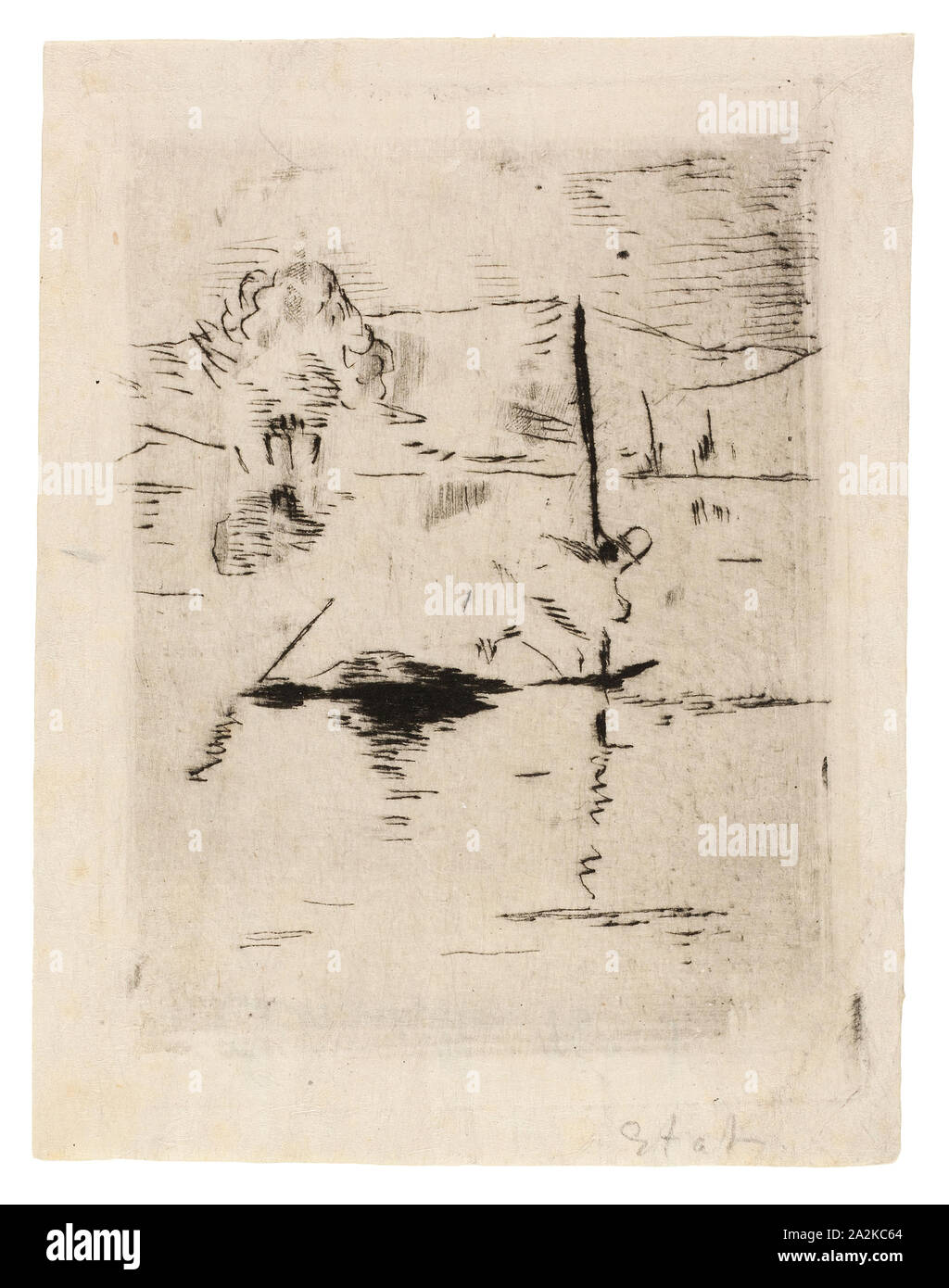 The River in the Plain, 1874, Édouard Manet (French, 1832-1883), printed by Auguste Delâtre (French, 1822-1907), written by Charles Cros (French, 1842-1888), France, Etching and drypoint in black on ivory Japanese paper, 106 × 80 mm (image), 116 × 88 mm (plate), 129 × 99 mm (sheet Stock Photo