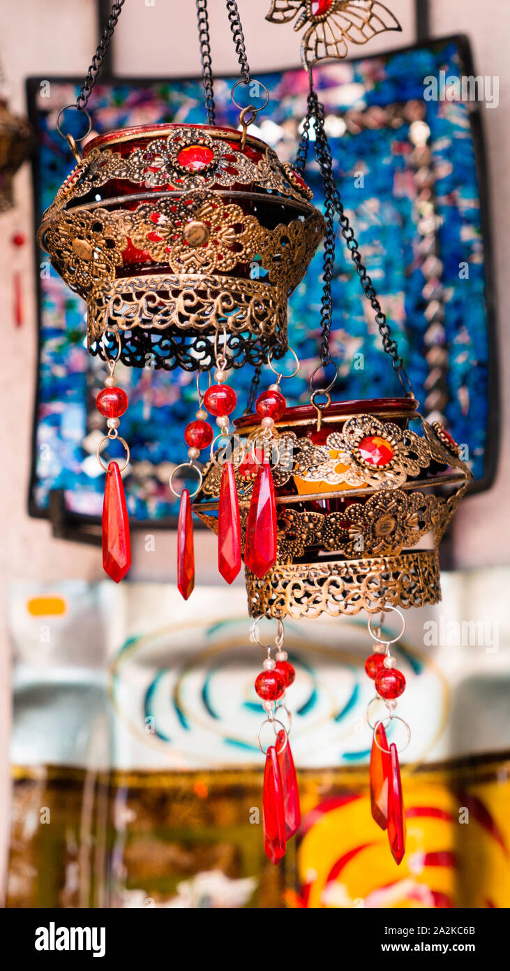 Hanging decorative candle holders  on sale at a local street bazaar, Mostar, Bosnia and Herzegovina Stock Photo