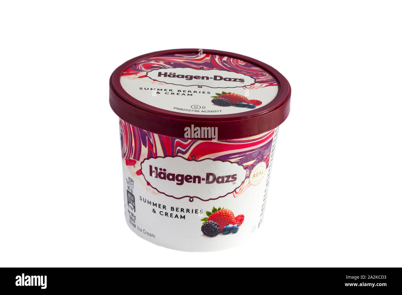 Tub of Haagen-Dazs Summer Berries & Cream ice cream, part of fruit collection mini cups isolated on white background Stock Photo