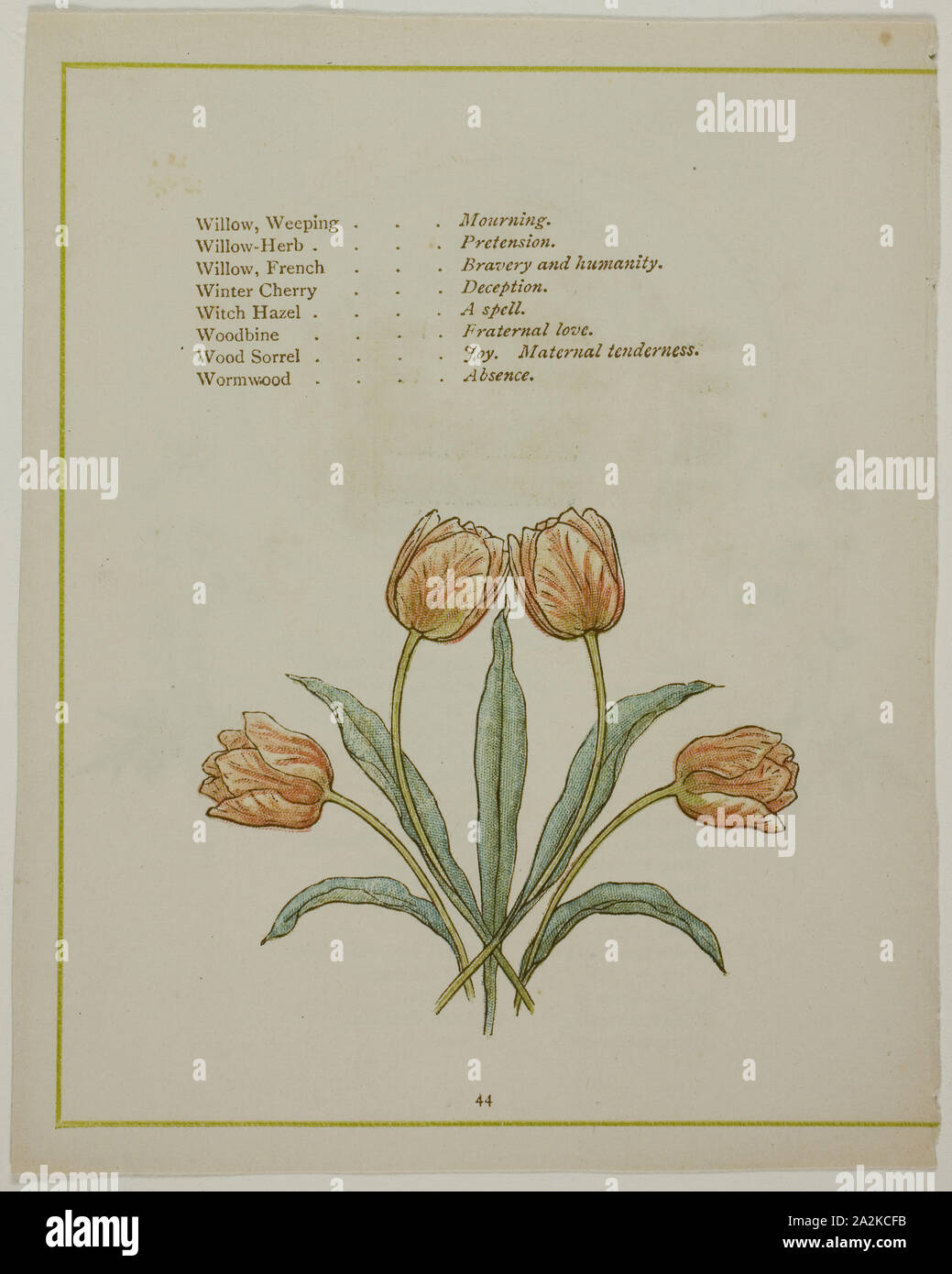 Decorative Illustration, from The Illuminated Language of Flowers, published 1884, probably Edmund Evans (English, 1826-1905), after Kate Greenaway (English, 1846-1901), printed by Edmund Evans, England, Color wood engraving (chromoxylograph) reproduction of a watercolor on paper Stock Photo