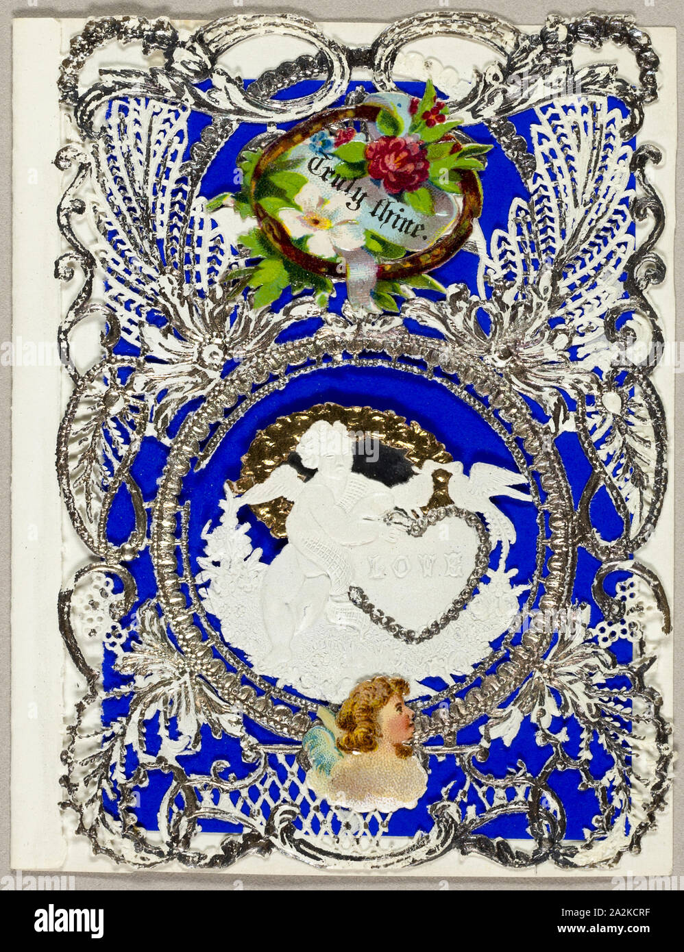 Truly Thine (valentine), c. 1860, John Windsor, English, 19th century, England, Collaged elements and silver paint on cut and embossed (designed) ivory wove paper with blue wove paper insert, 93 × 72 mm (folded sheet Stock Photo