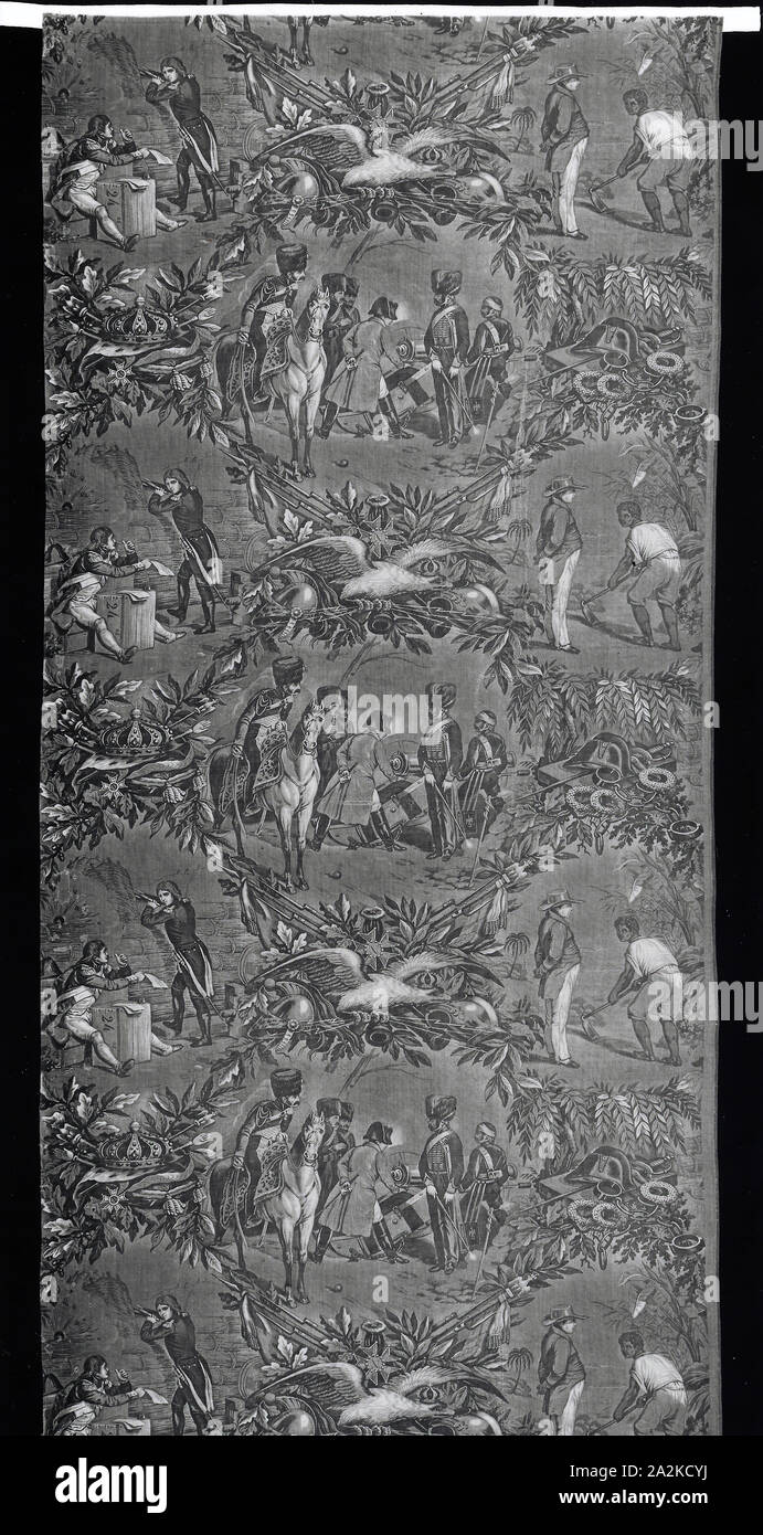 Episodes de la Vie de Napoléon Ier (Episodes from the life of Napoleon the first) (Furnishing Fabric), c. 1840, Designed by George Zipelius (French, 1808–1890) after Eugene-Louis Lami (French, 1800–1890), Horace Vernet (French, 1789–1863), and Jean-Pierre-Marie Jazet (French, 1788–1871), Manufactured by Koechlin-Ziegler, France, Alsace, Mulhouse, Mulhouse, Cotton, plain weave, engraved roller printed, 168.3 x 73.1 cm (66 1/4 x 28 3/4 in Stock Photo