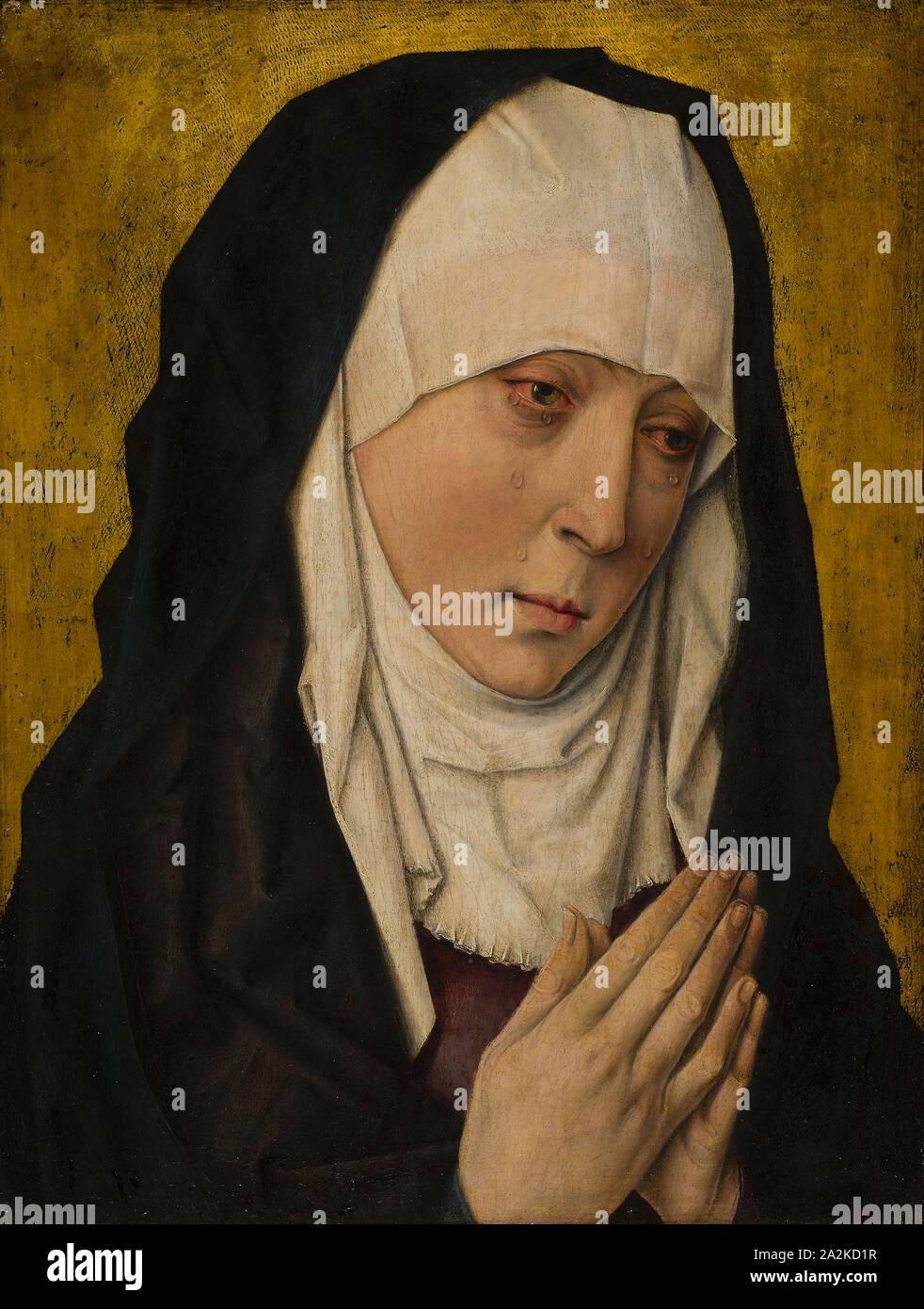 Mater Dolorosa (Sorrowing Virgin), 1480/1500, Workshop of Dieric Bouts, Netherlandish, c. 1410–1475, Netherlands, Oil on panel, 38.7 × 30.3 cm (15 1/4 × 11 7/8 in.), painted surface: 37.2 × 29 cm (14 7/8 × 11 3/8 in Stock Photo
