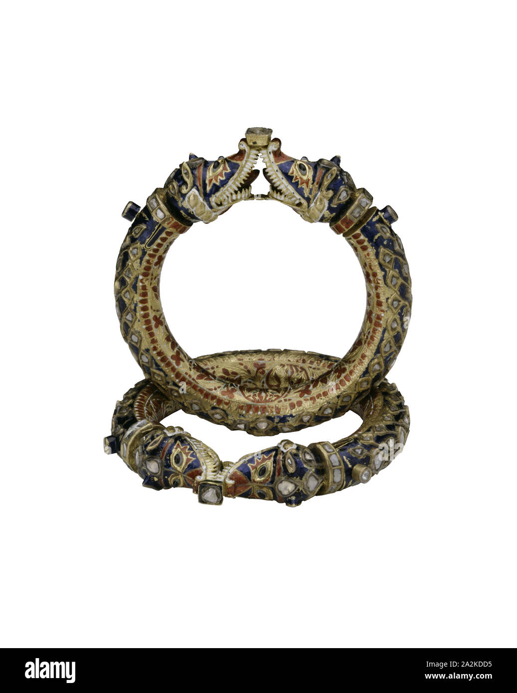 Bracelets with Confronting Makara Heads (Karas), 19th century, India, Rajasthan, Jaipur, India, Gold, diamonds, and crystalline inset in the kundan technique, with polychrome enamel (minakari), 9.9 x 8.9 x 1.4 cm (3 15/16 x 3 1/2 x 8/16 in Stock Photo