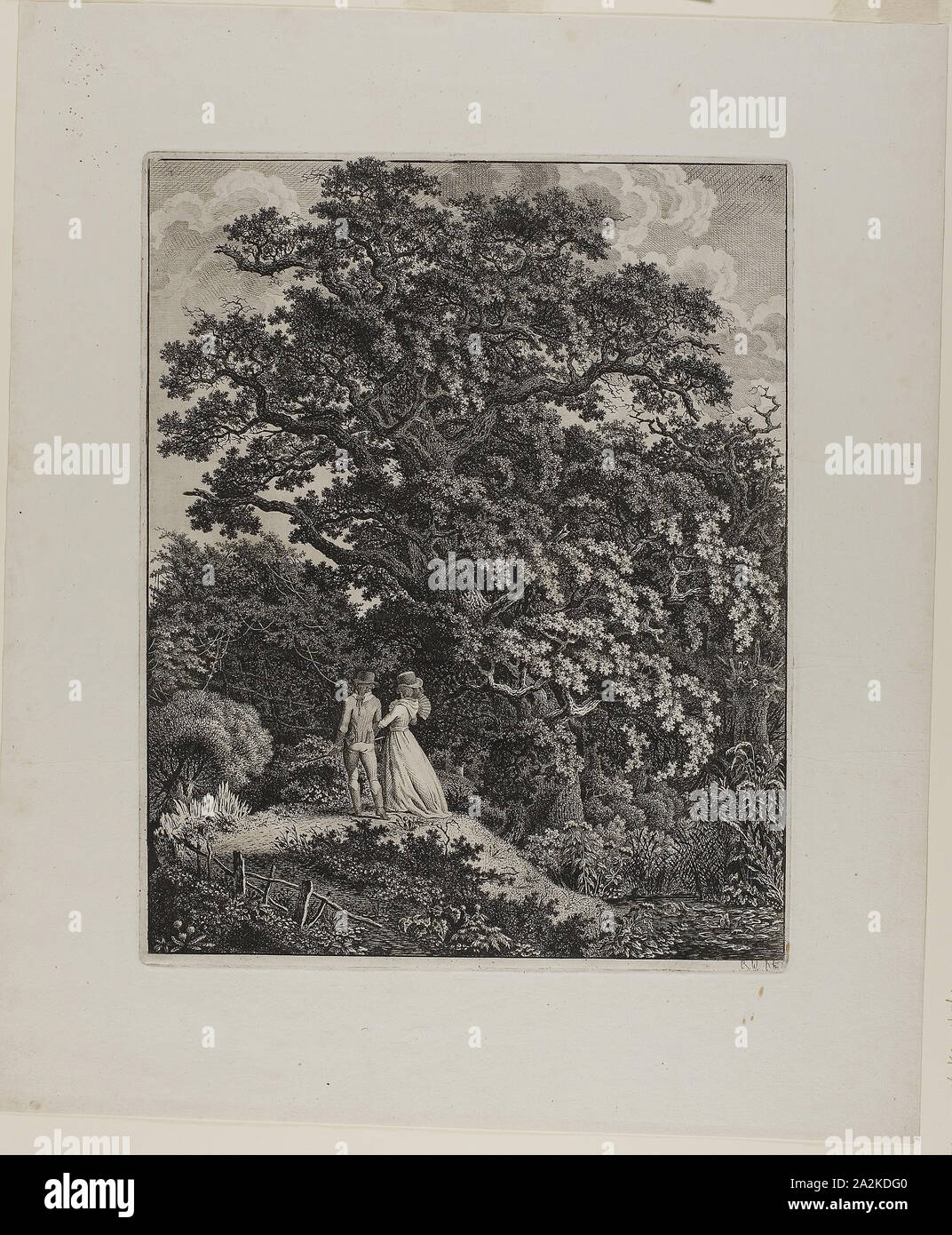 Woodland Landscape with an Elegant Couple Walking Beneath an Oak, 1796/1800, Carl Wilhelm Kolbe, the elder, German, 1759-1835, Germany, Etching on ivory laid paper, 338 x 279 mm (image), 343 x 275 mm (plate), 471 x 392 mm (sheet Stock Photo