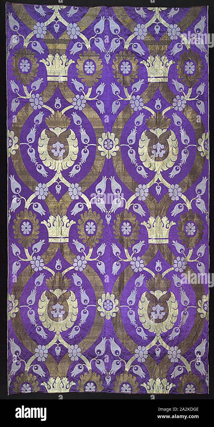 Panel (Furnishing Fabric), 1885/90, Designed by Alexander Morton (Scottish, 1844–1921), Produced by Alexander Morton and Company, Scotland, Darvel, Scotland, Silk, cotton, and gilt-metal-strip-wrapped cotton, satin weave with twill interlacings of secondary binding warps and patterning wefts, 248.1 x 129.5 cm (97 5/8 x 51 in Stock Photo