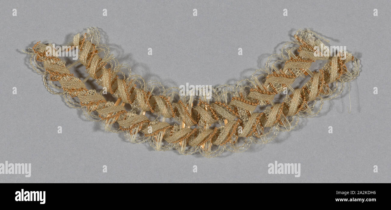 Fragment (Bonnet Trim), c. 1850, Probably Europe, Europe, Silk, horsehair, and straw, plain weave, openwork with raised profile formed by extended, wrapped and twill oblique interlaced wefts, 12.7 × 3 cm (5 × 1 1/8 in Stock Photo