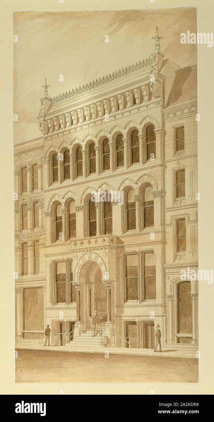 Lenox Building, Chicago, Illinois, Perspective, 1872, Carter, Drake and Wight (American, 1871–1873), Peter Bonnett Wight (American, 1838–1925), John Wellborn Root (American, 1850–1891), Washington Street, 59 West, Ink and wash on paper, 51.2 × 25 cm (20 3/16 x 9 7/8 in Stock Photo