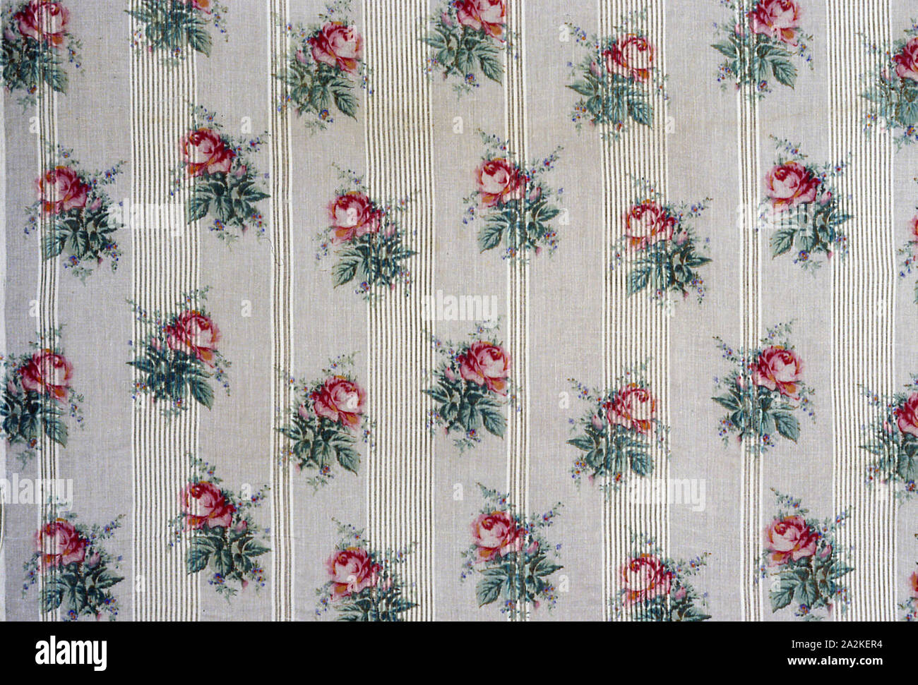 Panel (Dress Fabric), c. 1850, France, Cotton, stripes of plain weave, warp-float faced twill weaves, plain gauze weave, openwork, roller printed, 113.0 × 81.9 cm (44 1/2 × 33 1/4 in Stock Photo