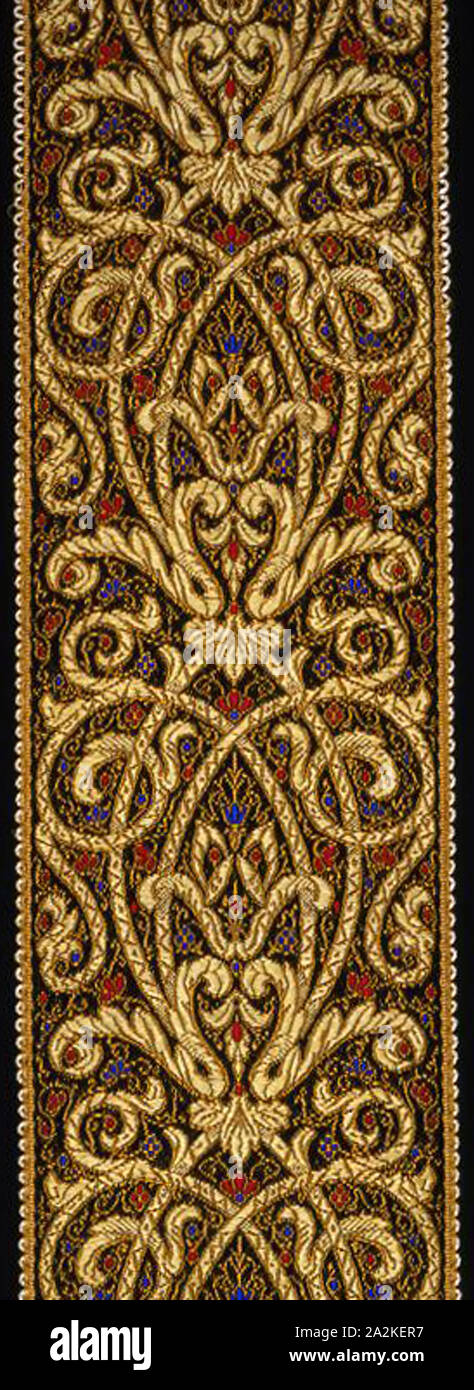 Ribbon, c. 1870, Probably France, France, Silk, warp-float faced satin weave with supplementary brocading wefts, and self-patterned by two-color complementary ground weft floats and areas of plain interlacing, woven on a loom with Jacquard attachments, 96 × 7.9 cm (37 3/4 × 3 in Stock Photo