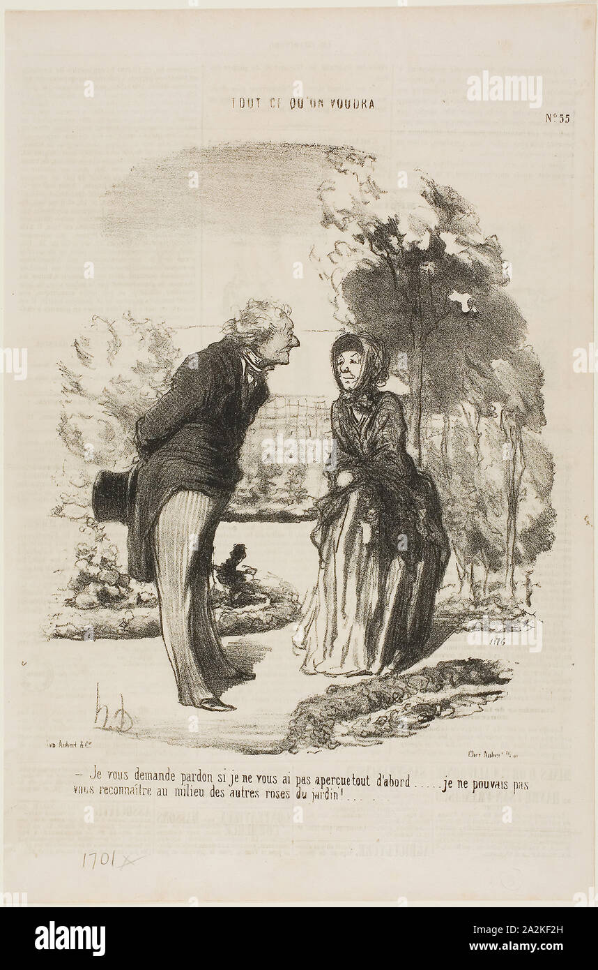 I am sorry that I did not recognize you right away. I could not distinguish you from all the other roses!, plate 55 from Tout Ce Qu’on Voudra, 1850, Honoré Victorin Daumier, French, 1808-1879, France, Lithograph in black on ivory wove paper, with letterpress verso, 255 × 217 mm (image), 367 × 244 mm (sheet Stock Photo