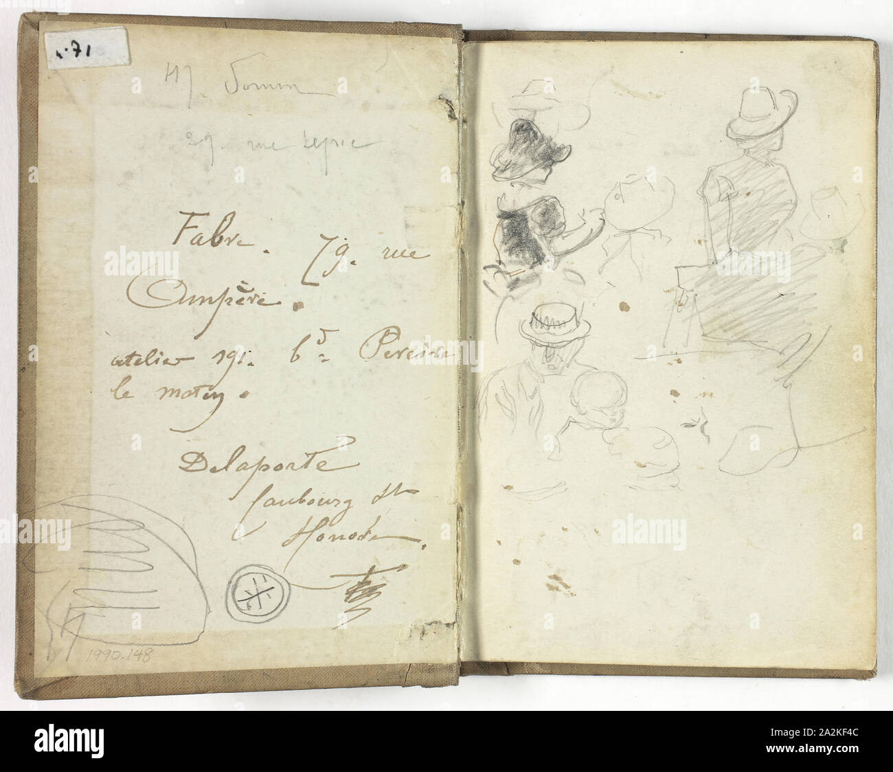 Sketchbook, c. 1885, Henry Somm, French, 1844-1907, France, Pen and black, brown, and blue inks and graphite on ivory wove paper, 140 × 90 mm (page), 149 × 100 mm (binding Stock Photo