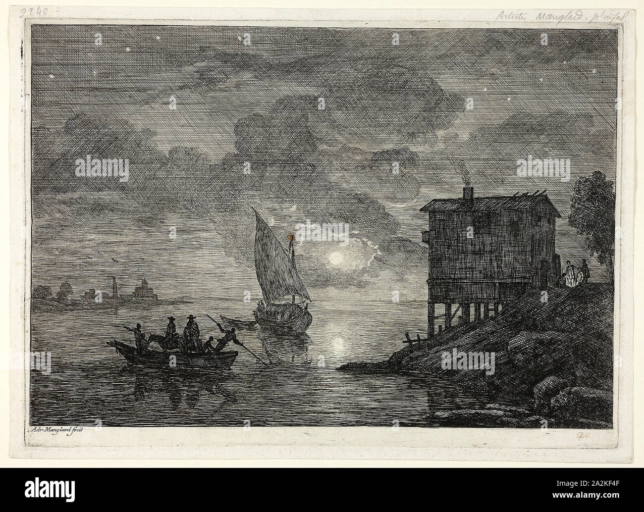 Moonlit Harbor Scene with Ferry, 1753/54, Adrien Manglard, French, 1695-1760, France, Etching with touches of engraving and burnishing, on paper, 209 × 305 mm (image), 222 × 312 mm (plate), 238 × 325 mm (sheet Stock Photo