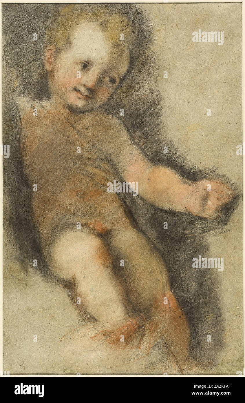 Christ Child: Study for the Madonna di San Giovanni, c. 1565, Federico Barocci, Italian, c. 1535-1612, Italy, Black and red chalk, with pastel and stumping, on greenish-blue laid paper, 401 x 263 mm Stock Photo