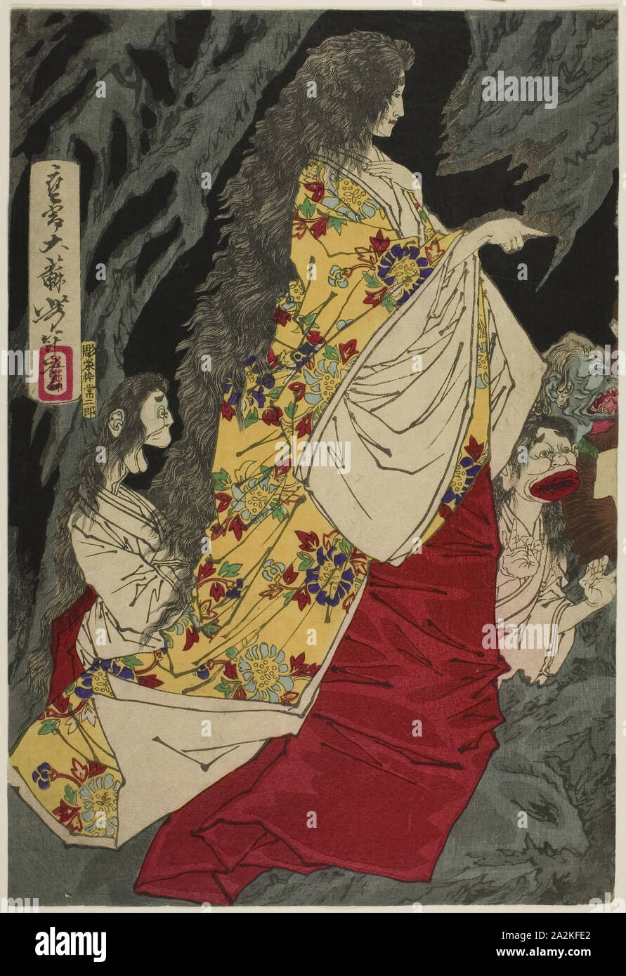 Supernatural Beings at Shirazunoyabu in Yawata, 1881, Tsukioka Yoshitoshi, Japanese, 1839-1892, Japan, Color woodblock print Stock Photo