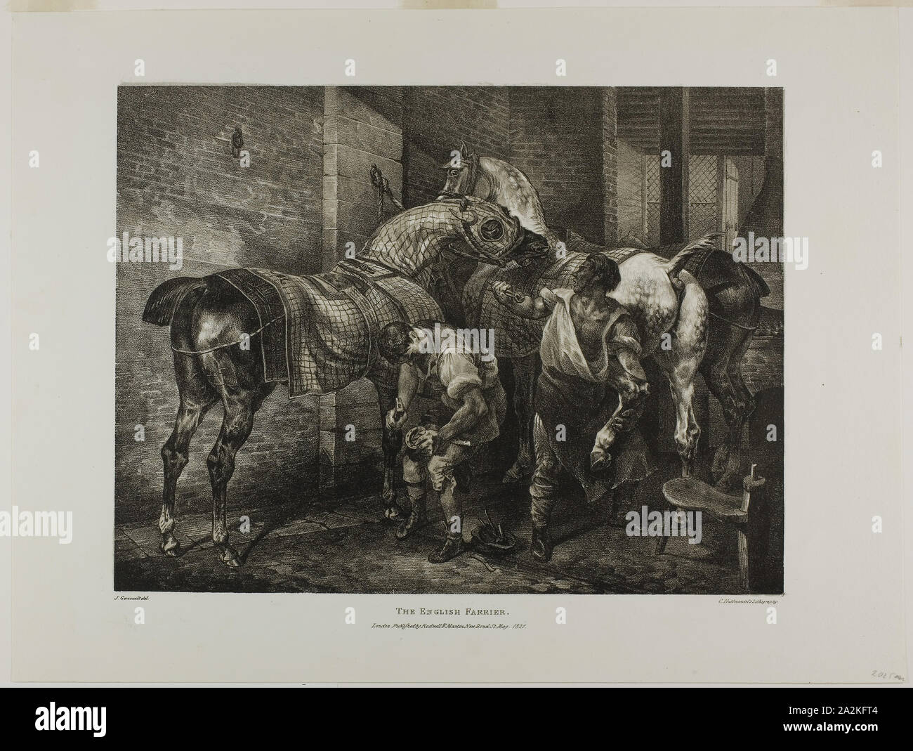 The English Farrier, plate 10 from Various Subjects Drawn from Life on Stone, 1821, Jean Louis André Théodore Géricault (French, 1791-1824), printed by Charles Joseph Hullmandel (German and English, 1789-1850), published by Rodwell and Martin, France, Lithograph in black with gray-green tint stone on ivory wove paper, 284 × 372 mm (image), 376 × 495 mm (sheet Stock Photo