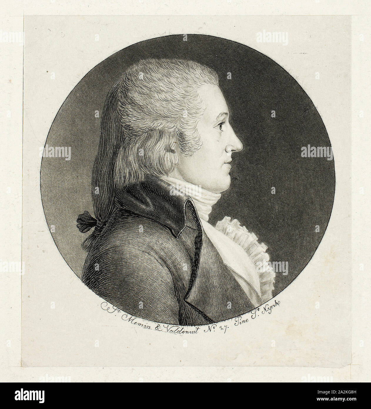 Profile Portrait, Blake, 1796–97, Charles Balthazar Julien Fevret de Saint-Mémin, French, 1770-1852, France, Mezzotint and engraving, with stipple, on ivory wove chine, laid down on off-white wove paper (chine collé), 55 × 56 mm (image), 67 × 63 mm (primary support), 206 × 148 mm (secondary support Stock Photo