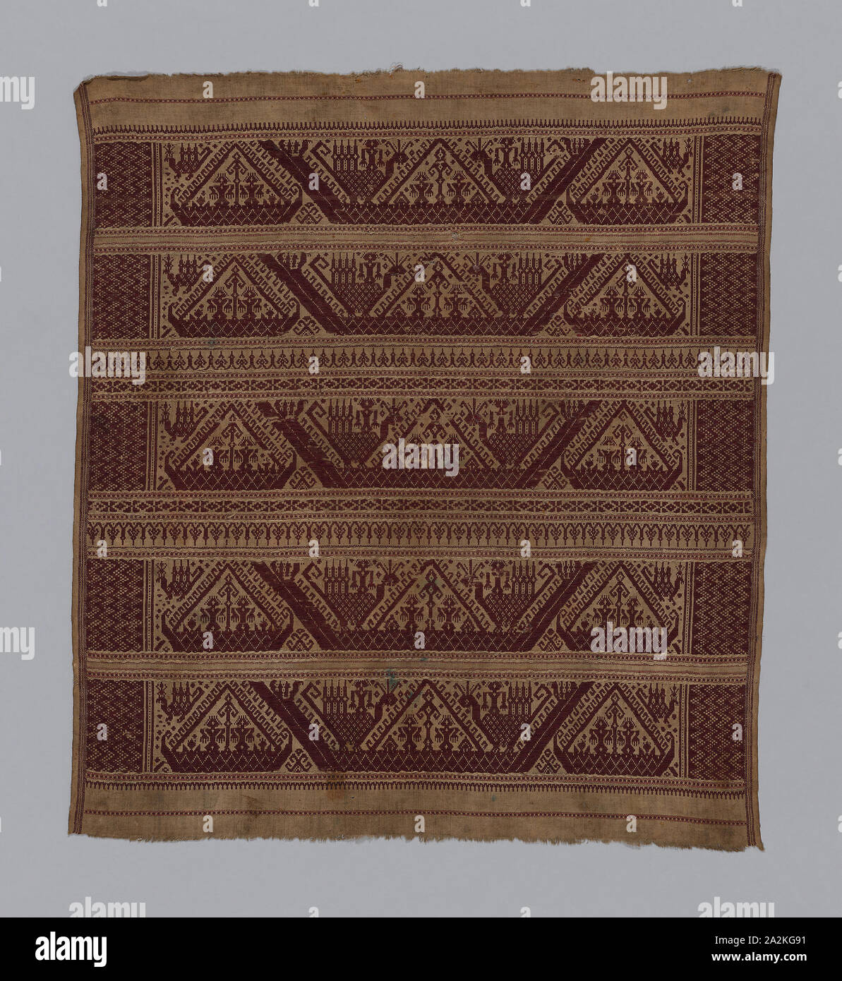 Tampan (Ceremonial Cloth), 19th century, Indonesia, South Sumatra, Pasisir or coastal area, Indonesia, Cotton and gilt-animal-substrate-wrapped hemp, plain weave with supplementary patterning wefts, 73.6 x 66.1 cm (29 x 26 in Stock Photo