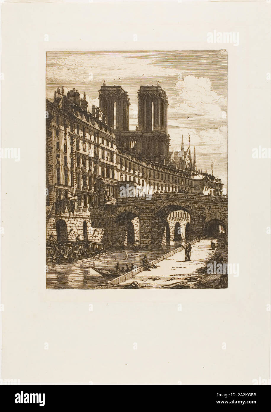 Le Petit Pont, Paris, 1850, Charles Meryon, French, 1821-1868, France, Etching and engraving in dark brown on ivory laid paper, 246 × 186 mm (image), 261 × 190 mm (plate), 391 × 275 mm (sheet Stock Photo