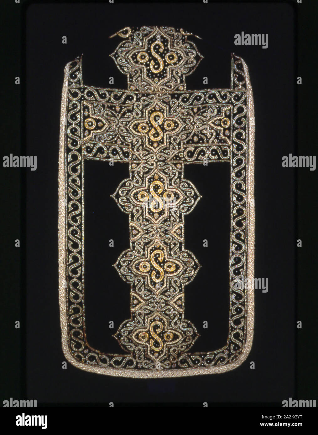 The Stafford Chasuble, 1620/40 (appliquéd late 17th century), England, Silk, broken warp chevron twill weave, cut solid velvet, appliquéd with silk, satin weave, embroidered with gilt-metal strips and purl, gilt-metal-wire-wrapped linen, and gilt-metal-strip-wrapped silk in laid work and couching, edged with gilt-metal-strip-wrapped silk, bobbin straight lace, 129 × 72.5 cm (50 3/4 × 28 1/2 in Stock Photo