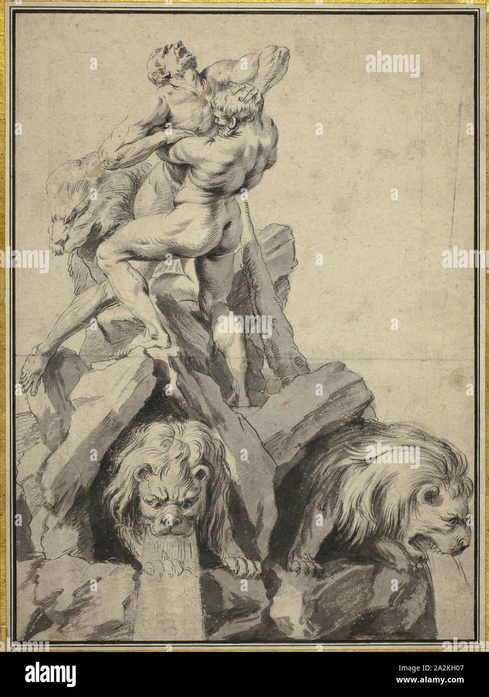 Hercules and Antaeus Design for a Fountain, n.d., Attributed to Martin Desjardins (Dutch, 1639/40-1694), or Jacques Desjardins (Dutch, 1671-c. 1716), Netherlands, Pen and black ink and brush and gray wash on  cream wove paper, laid down on ivory laid paper, 408 x 299 mm Stock Photo