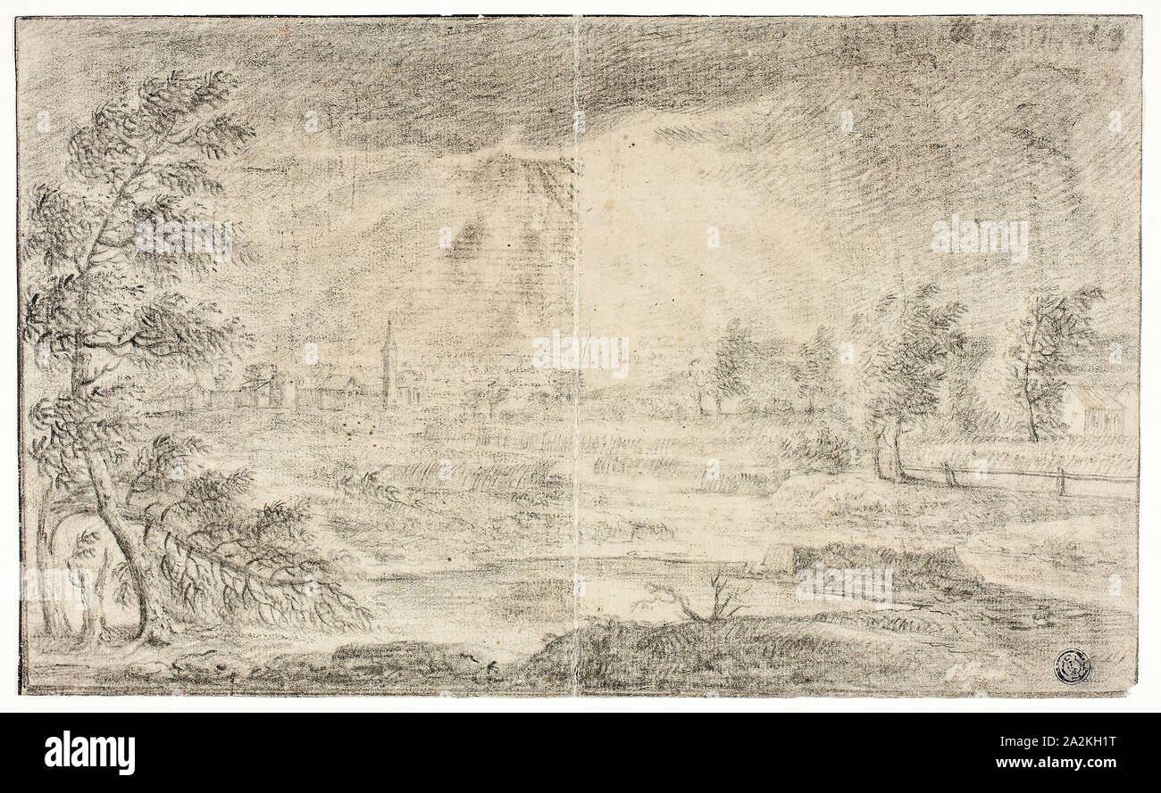 Landscape with Village, 1720, Unknown Artist, Netherlandish, 18th century, Netherlands, Black chalk on cream laid paper, 91 x 315 mm Stock Photo