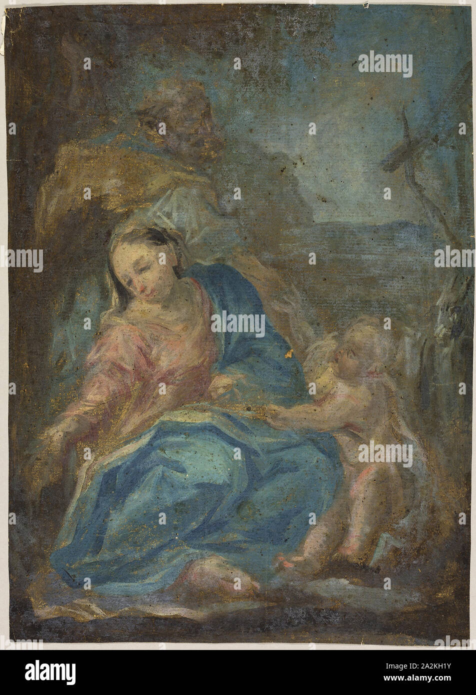 Rest on the Flight into Egypt (recto), Madonna of the Rosary (verso), n.d., After Federico Barocci, Italian, c. 1535-1612, Italy, Oil paint (recto), and pen and black ink with off-set blue oil paint (verso), on tan laid paper, 322 x 236 mm (max Stock Photo