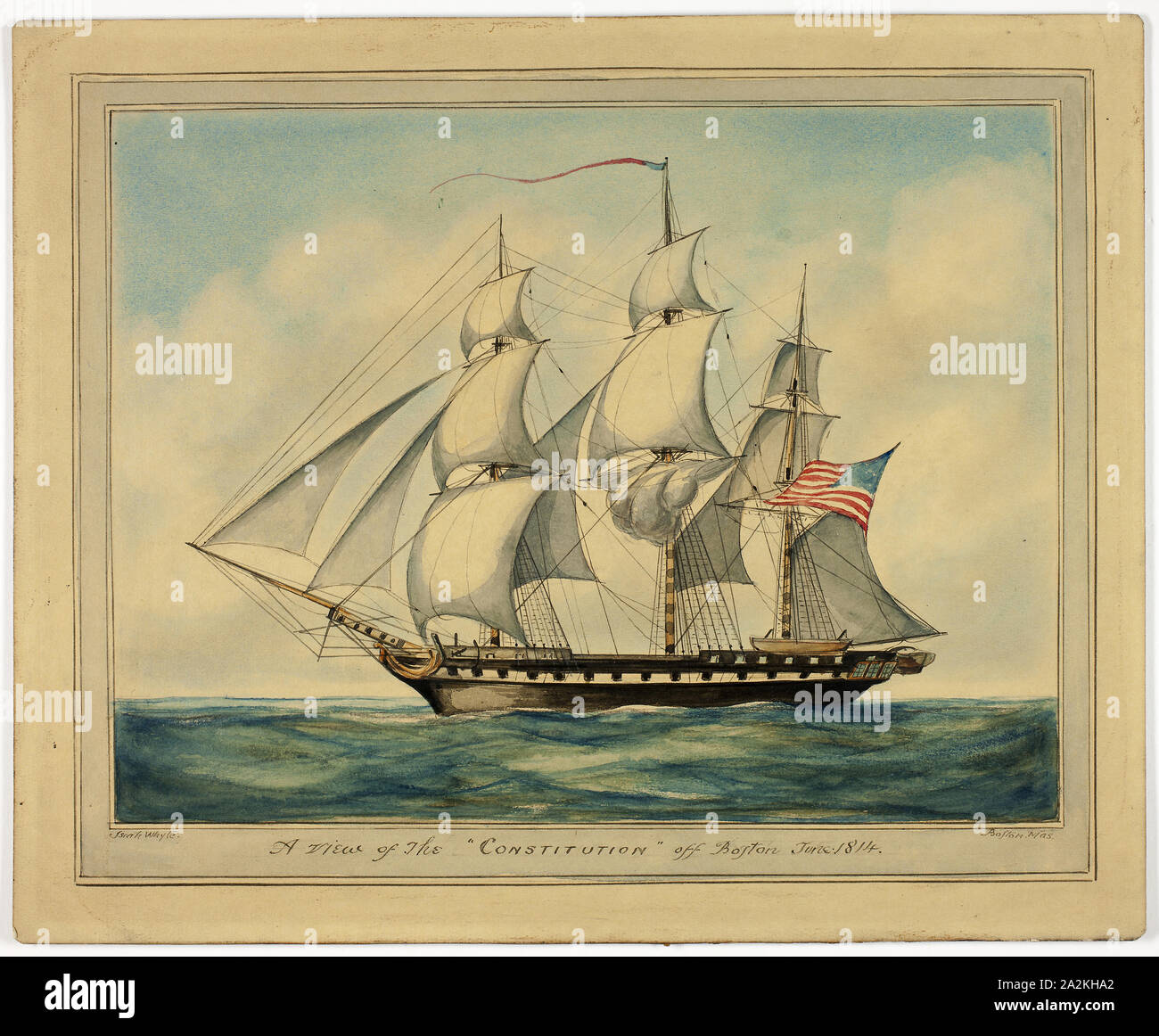 A View of the Constitution off Boston, 1814, Isiah Whyte, American, 19th century, United States, Watercolor with traces of graphite on tan laid paper, laid down on board, 285 x 350 mm Stock Photo
