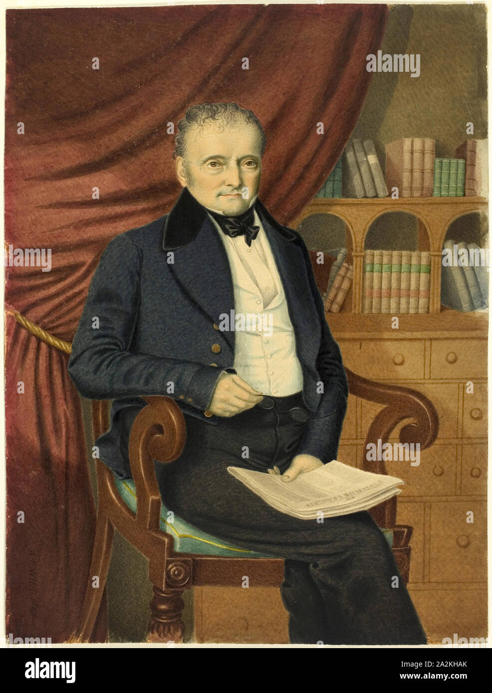 Portrait of Seated Man with Newspaper, c. 1846, Attributed to Adolphus H. A. Wing, English, 19th century, United Kingdom, Watercolor, heightened with gum varnish, on ivory wove paper, tipped onto ivory wove paper, 226 x 171 mm Stock Photo