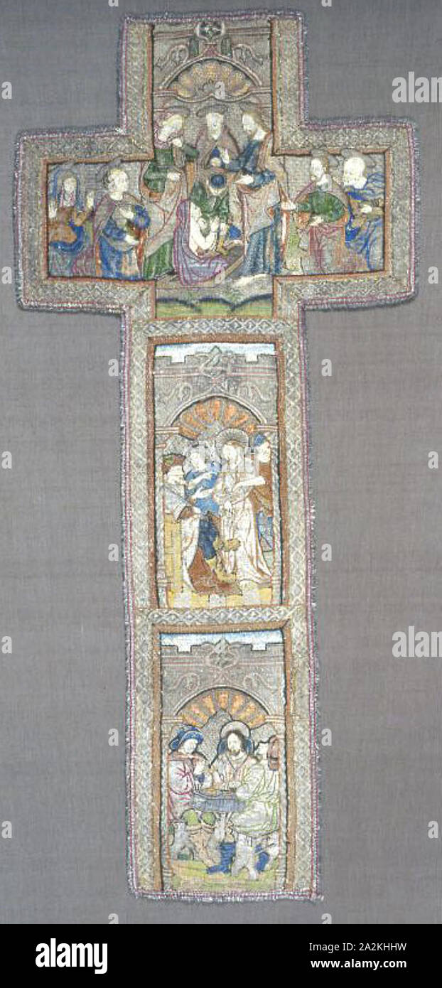 Orphrey Cross, c. 1525, Flanders, Flanders, Linen, two layers of plain weave, embroidered with silk, linen, wool, gilt- and silvered-animal-substrate-wrapped linen, and gilt-metal-strip-wrapped linen in satin, single satin, and split stitches, laid work and couching, gilt-metal-strip-wrapped silk and silk, plain weave extended weft uncut fringe, lined with linen, plain weave, glazed, edged with silk, 122.4 × 57.2 cm (48 1/4 × 22 1/2 in Stock Photo