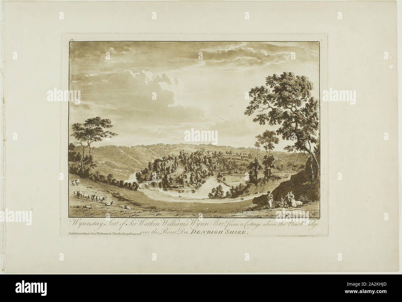 Wynnstay, Seat of Sir Watkin Williams Wynn Bart from a Cottage above the New Bridge over the River Dee, Denbigh Shire, 1776, Paul Sandby, English, 1731-1809, England, Etching and aquatint in sanguine on ivory laid paper, 239 × 315 mm (plate), 320 × 463 mm (sheet Stock Photo