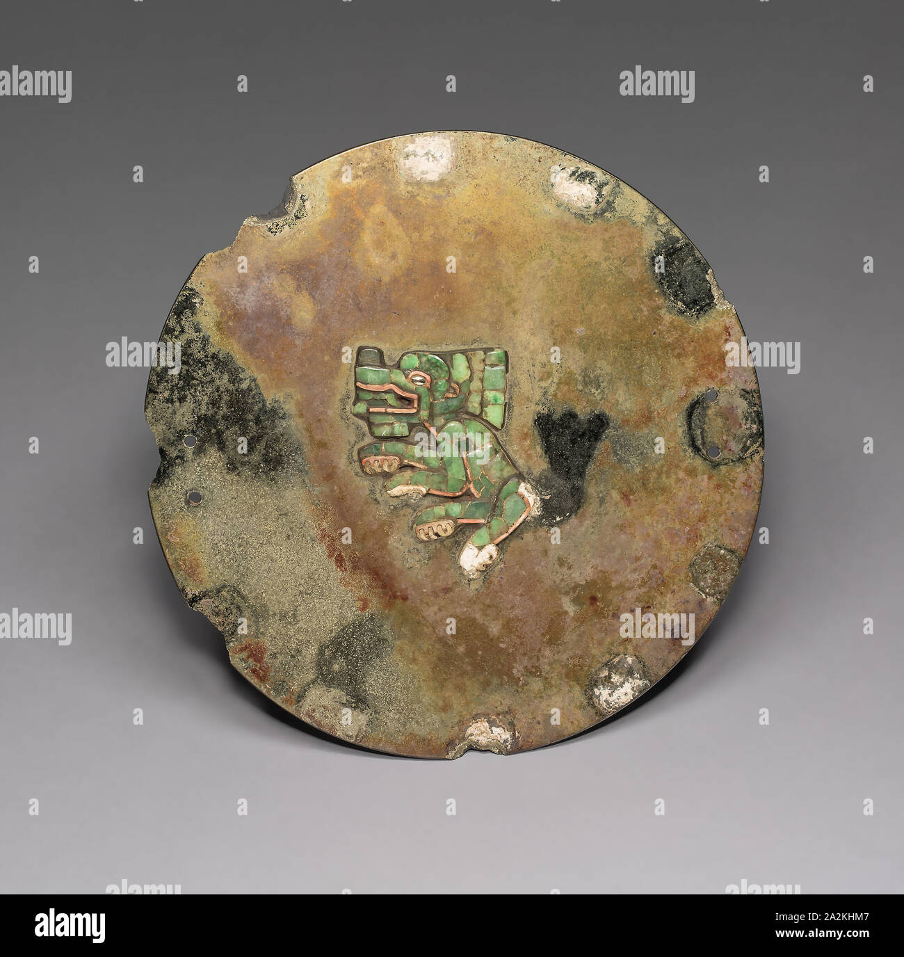 Mirror with Jaguar or Coyote Mosaic, A.D. 500/600, Teotihuacan, Teotihuacan, Mexico, México, Iron pyrite, jade, shell, magnatite or ilmenite, and spondylus shell, Diam. 19.1 cm (7 1/2 in Stock Photo