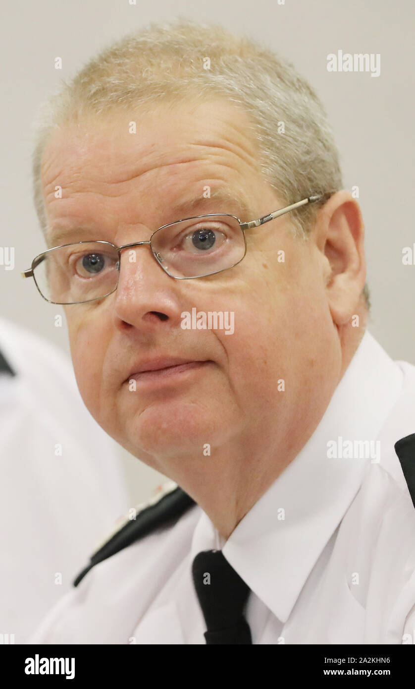 PSNI Chief Constable Simon Byrne address the Northern Ireland Policing Board in Belfast. Stock Photo