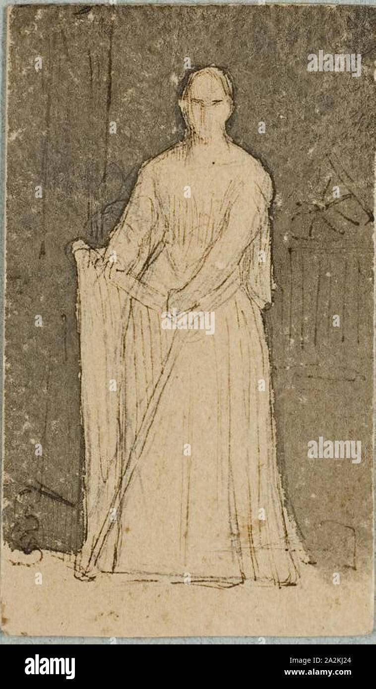 Woman with a Harp, n.d., Dominique Papety, French, 1815-1849, France, Brush and brown wash and graphite, with pen and brown ink, on ivory laid paper, 84 × 50 mm Stock Photo