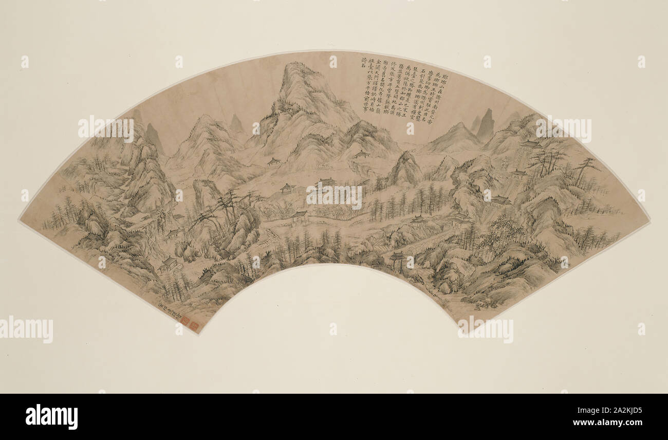 Mount Langya, Qing dynasty (1644–1911), 18th century, Dong Bangda, Chinese, 1699-1769, China, Folding fan mounted as an album leaf, ink on gold-flecked paper, 18.0 × 52.5 cm Stock Photo