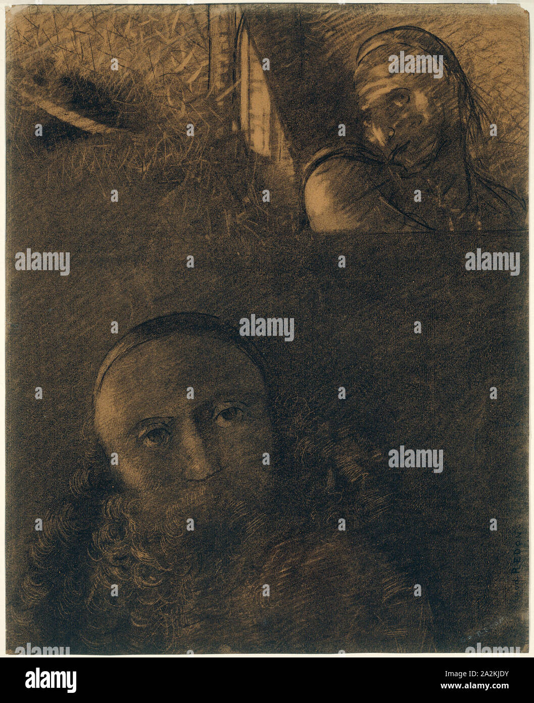 Faust and Mephistopheles, 1880, Odilon Redon, French, 1840-1916, France, Various charcoals, with wiping, stumping, erasing, and incising, on cream wove paper altered to a golden tone, 400 × 320 mm Stock Photo