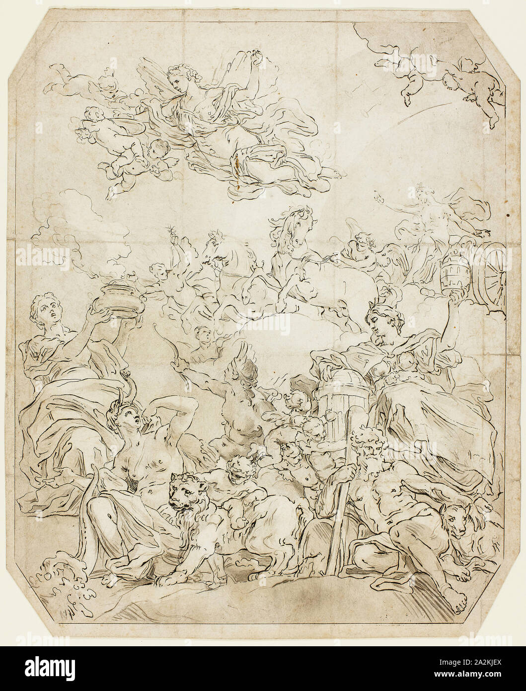 Aurora Heralds the Break of Day to the Four Corners of the Globe, n.d., Unknown artist, Italian, 18th century, Italy, Pen and black ink and brush and gray wash, over graphite, on ivory laid paper, 299 x 255 mm Stock Photo
