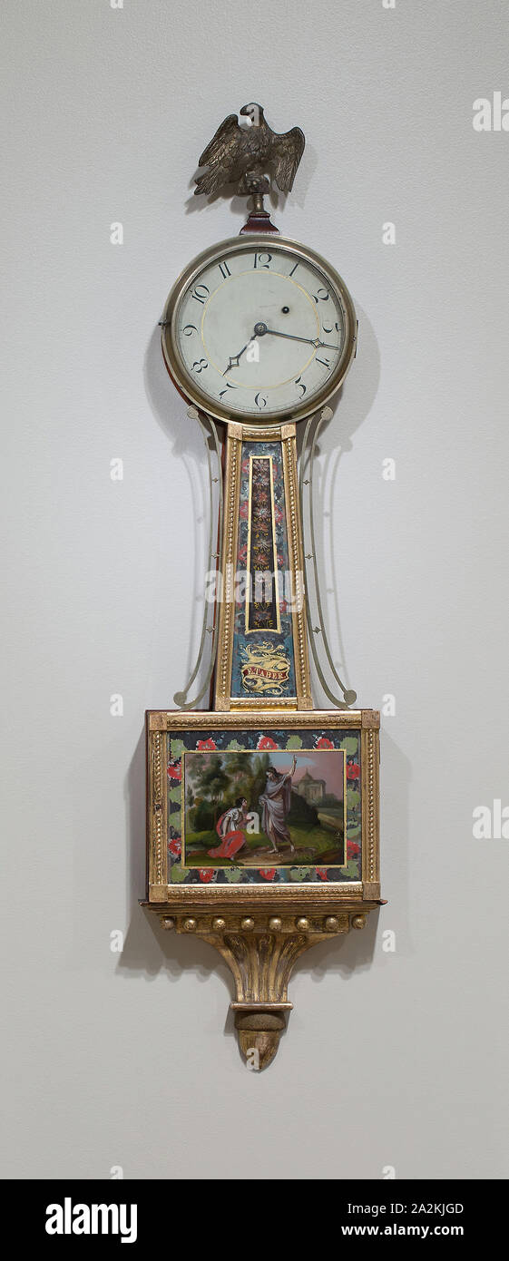 Timepiece, 1802/5, Works by Elnathan Taber, American, 1768–1854, Roxbury, Massachusetts, Roxbury, Gilt mahogany and white pine, painted glass, gesso, iron, steel, and brass, 109.2 cm (43 in Stock Photo