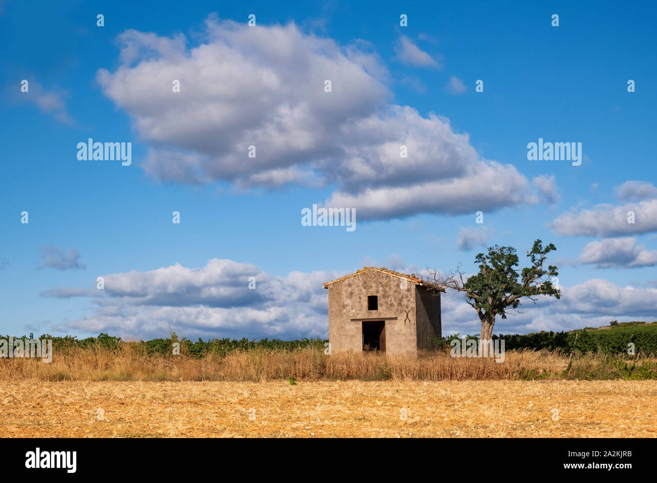 Languedoc countryside, ruin of farm building in field after harvest Stock Photo