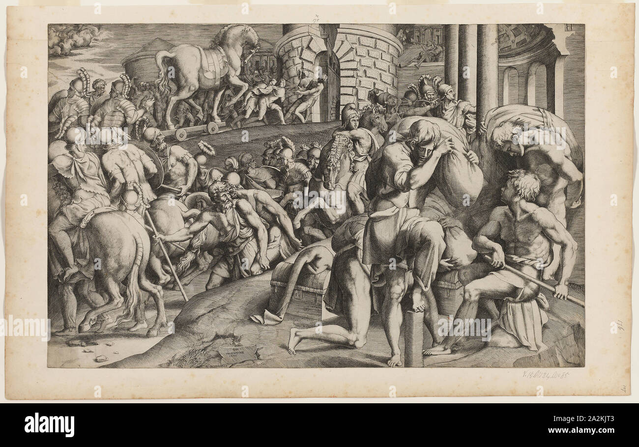 The Trojan Horse Being Dragged into the City of Troy, 1545, Giulio di Antonio Bonasone, Italian, about 1510–after 1576, Italy, Engraving on ivory laid paper, 407 x 634 mm Stock Photo
