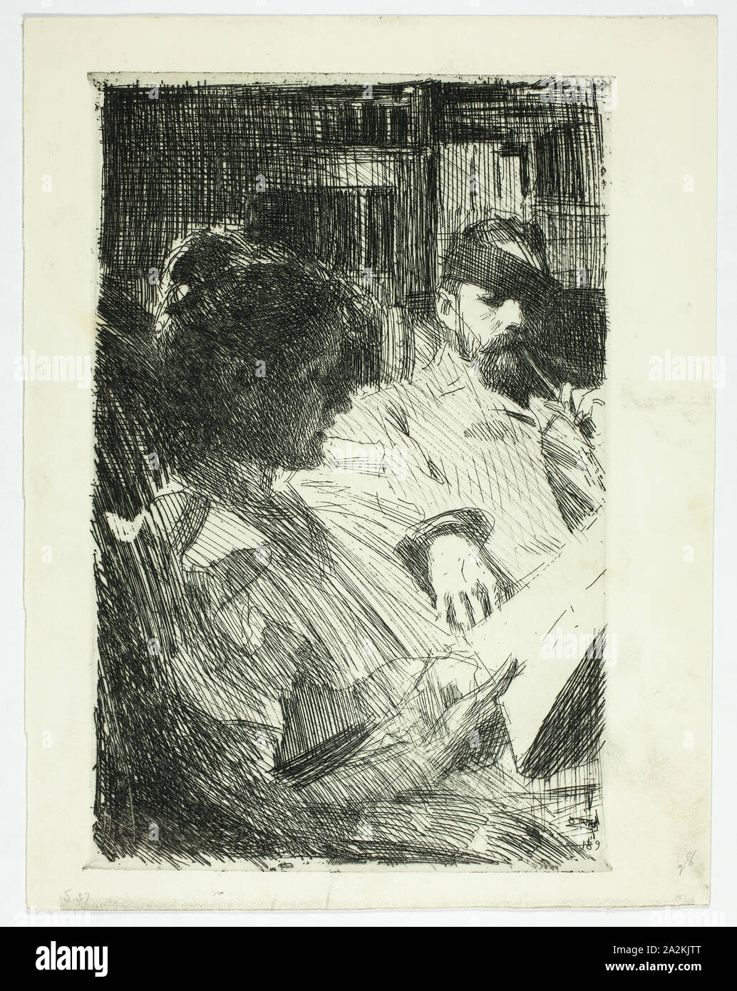 Reading (Mr. and Mrs. Ch. Deering), 1893, Anders Zorn, Swedish, 1860-1920, Sweden, Etching in black on ivory wove paper, 240 x 160 mm (image/plate), 268 x 209 mm (sheet Stock Photo