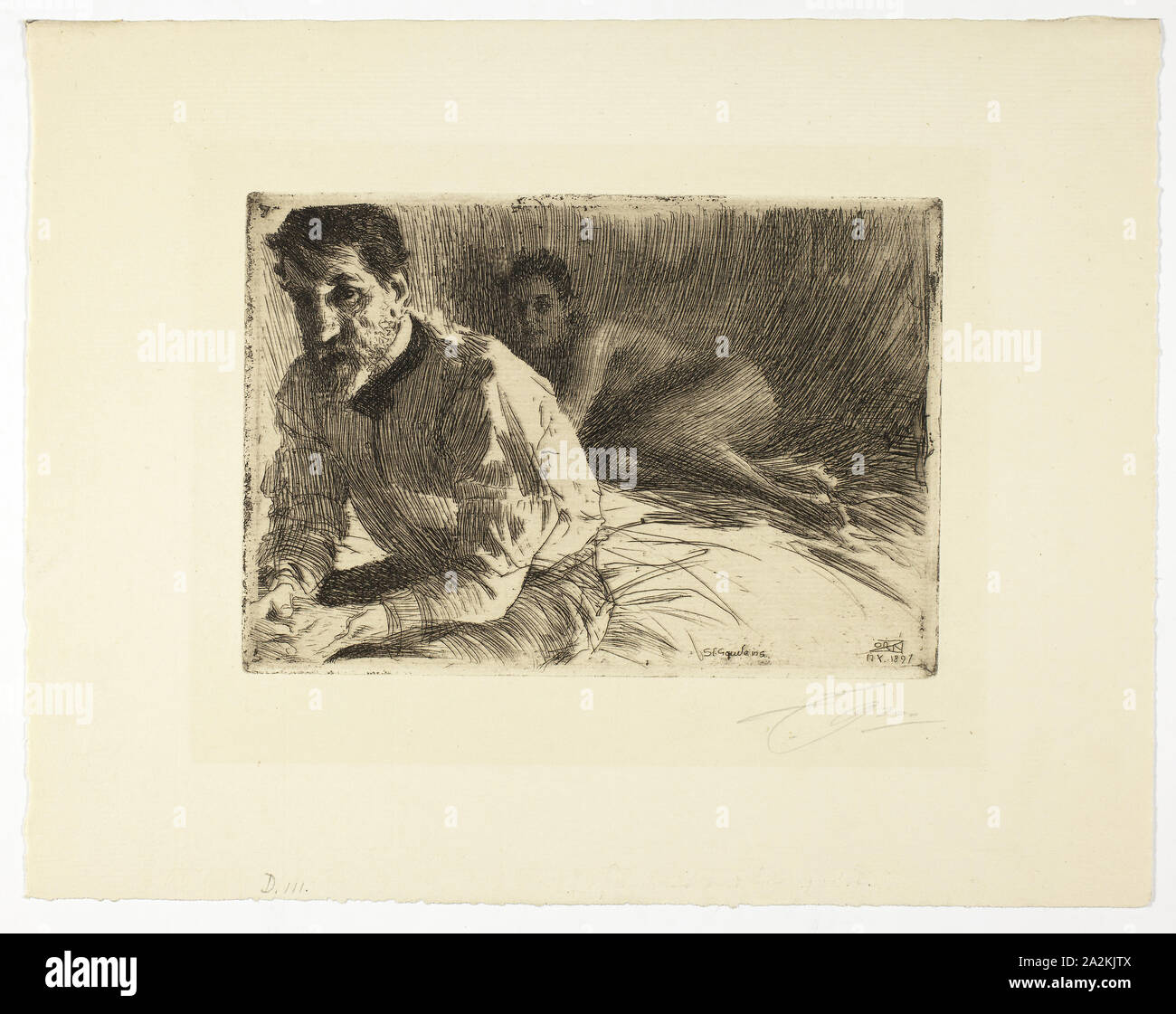 Augustus Saint Gaudens II (Saint Gaudens and His Model), 1897, Anders Zorn, Swedish, 1860-1920, Sweden, Etching in black on ivory laid paper, 138 x 200 mm (image/plate), 254 x 323 mm (sheet Stock Photo