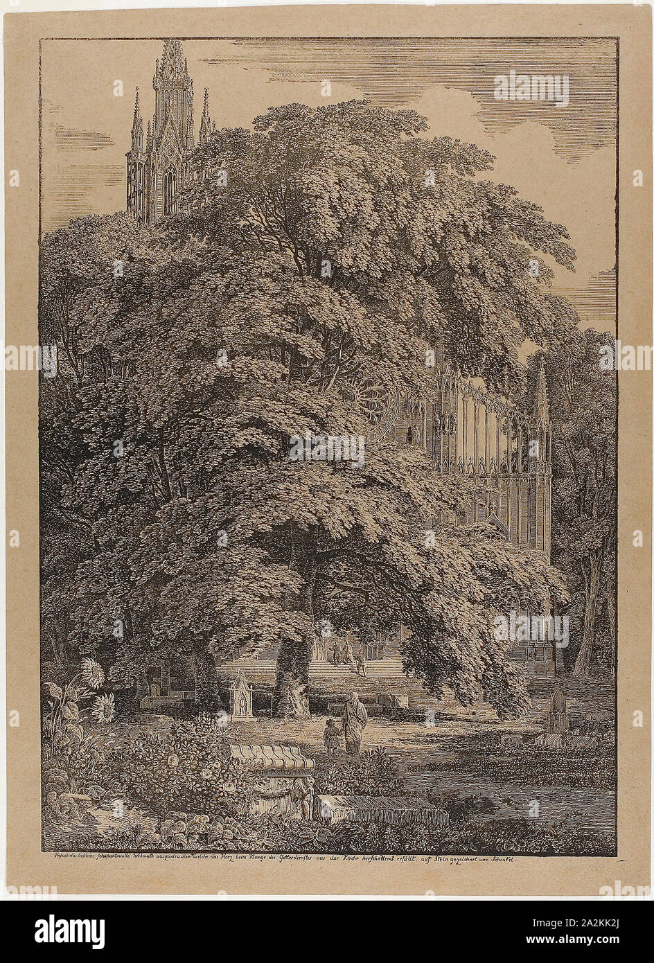 Gothic Church Behind an Oak Grove with Tombs, 1810, Karl Friedrich Schinkel, German, 1781-1841, Germany, Lithograph in black, with white heightening, on brown wove paper, 482 x 342 mm (image/plate), 523 x 382 mm (sheet Stock Photo