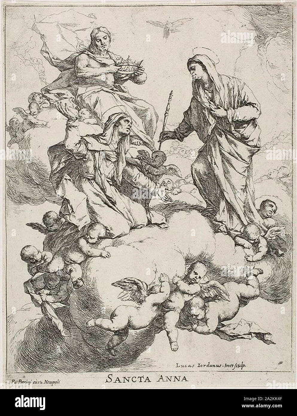 Saint Anne Received in Heaven by Christ and the Virgin, c. 1653, Luca Giordano, Italian, 1634-1705, Italy, Etching on ivory laid paper, 321 x 251 mm (image), 335 x 255 mm (plate), 338 x 258 mm (sheet Stock Photo