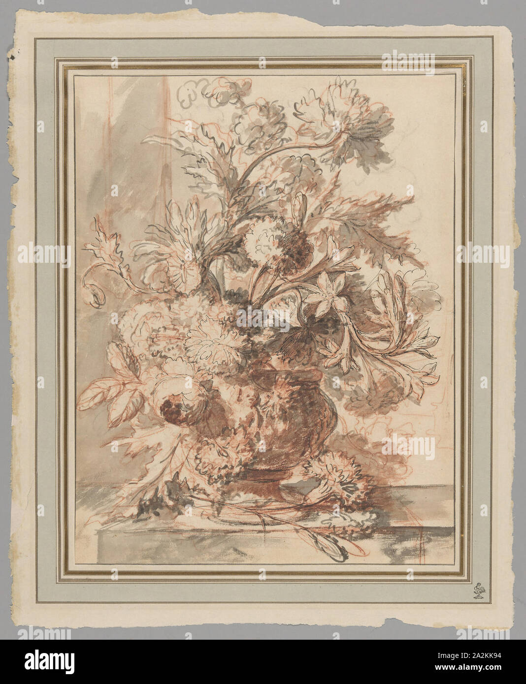 Flowers in an Urn Decorated with Putti, on a Plinth, early 18th century, Jan van Huysum, Dutch, 1682-1749, Holland, Pen and black ink and brush and black and brown ink washes, over red chalk, on cream laid paper, 385 x 299 mm Stock Photo