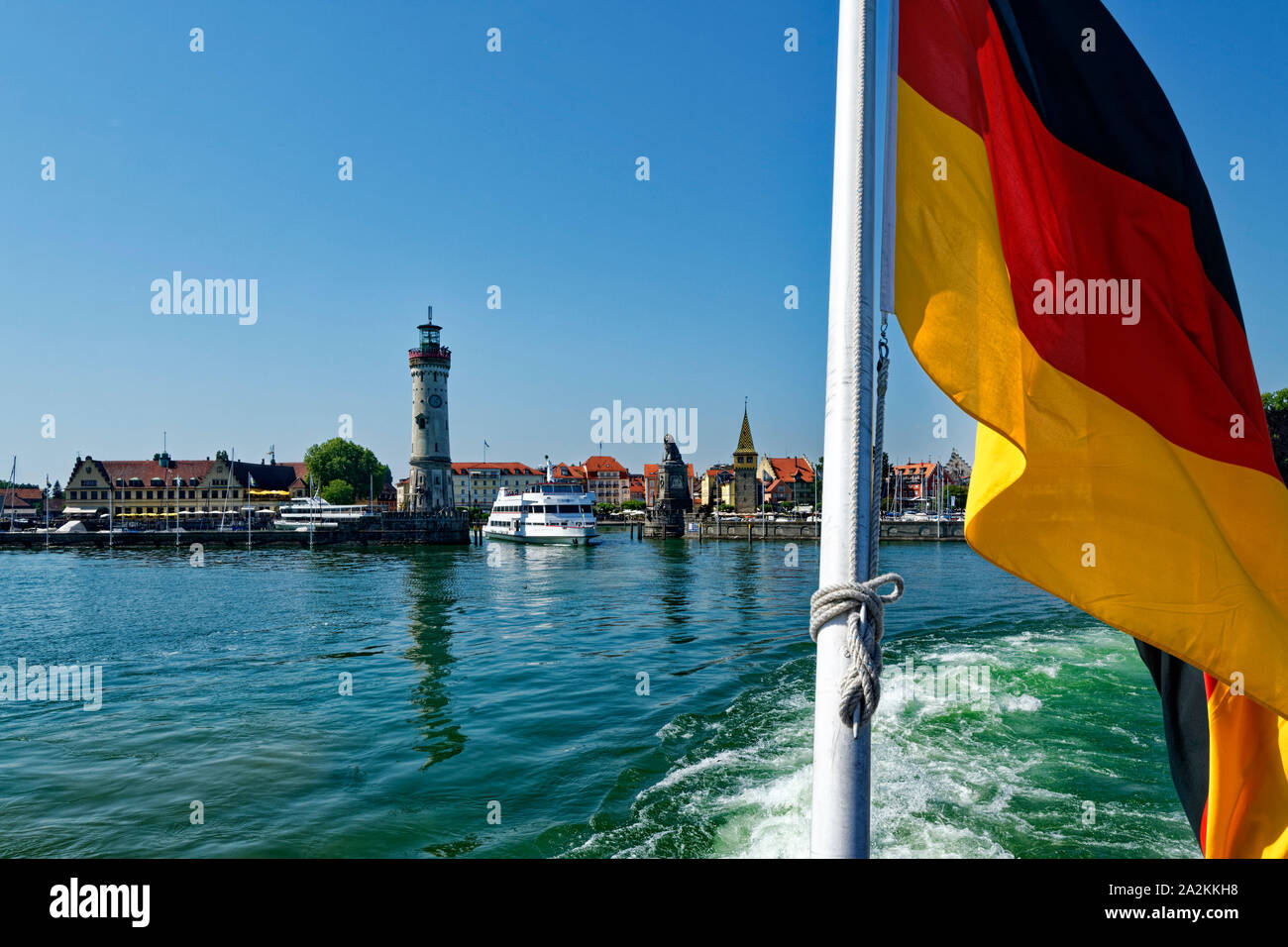 Harbour entrance of Lindau on Lake Constance, with lighthouse and Bavarian Lion, Bavaria, Germany Stock Photo