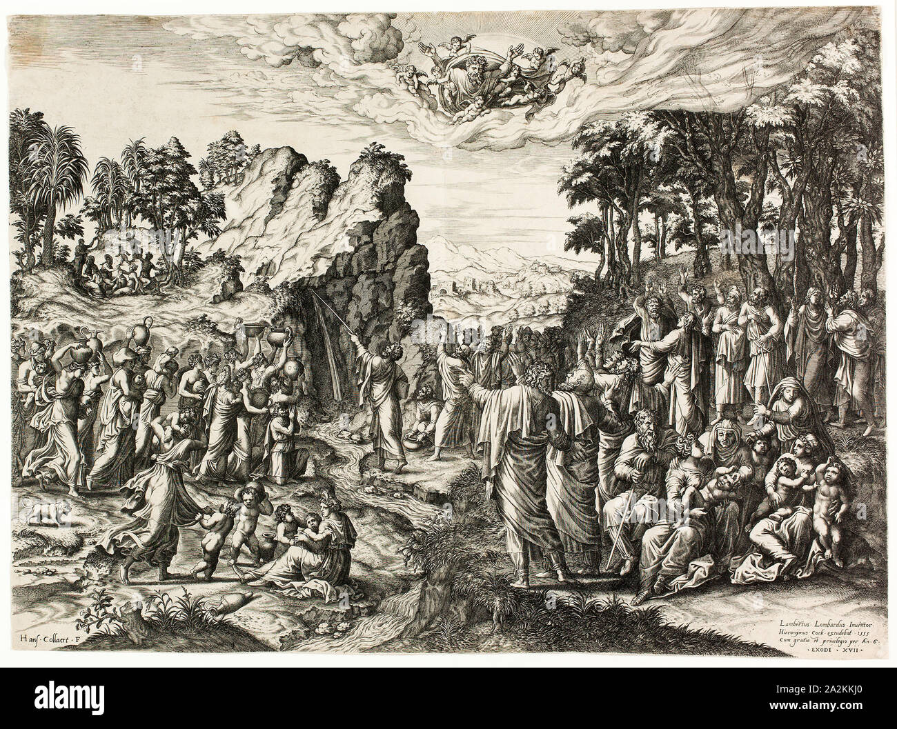 Moses Striking the Rock, 1555, Jan Collaert, I, (Flemish, c. 1530-1581), after Lambert Lombard (Flemish, 1506-1566), Flanders, Engraving on ivory laid paper, 366 × 493 mm Stock Photo